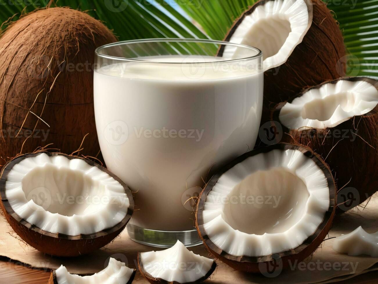 A Glass Of Coconut Milk Surrounded By Coconuts. AI Generated photo