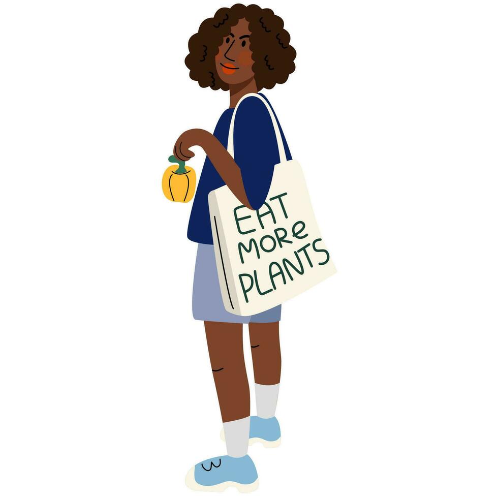 Black woman holding pepper vegetable .Woman customer with shopping bag, healthy vegetarian food, grocery products. Modern girl buying organic natural vegetables, fruits. vector