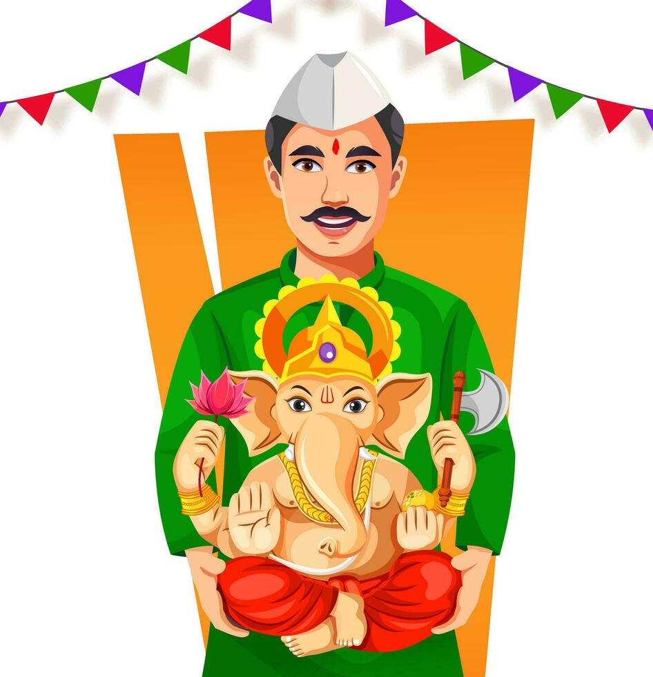 Vector of man holding Lord Ganesha statue on the celebration of Ganesh chaturthi