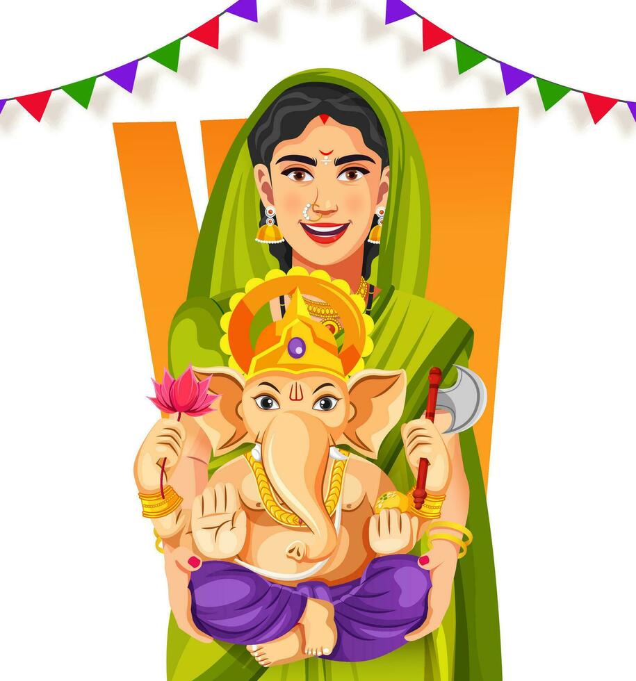 Vector of Marathi woman holding Lord Ganapati statue and celebrating Happy Ganesh Chaturthi festival