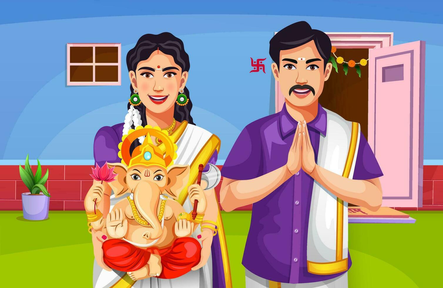 Vector  of an Indian couple carrying a statue of Lord Ganesh and celebrating occasion of Ganesh Chaturthi.