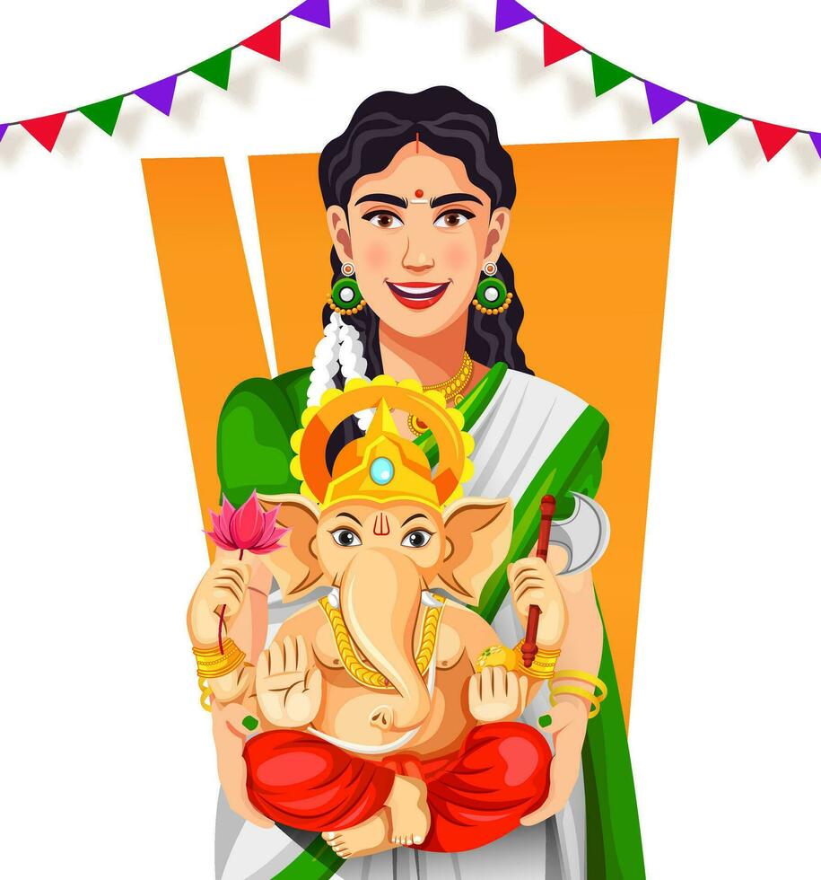 Happy Indian woman welcoming Lord Ganesha idol on Ganesh Chaturthi celebration vector