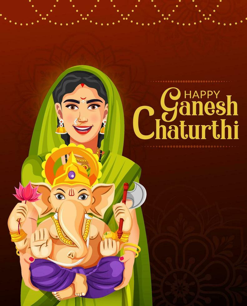 Indian woman with lord ganesha, celebrating Ganesh Chaturthi poster design template. vector