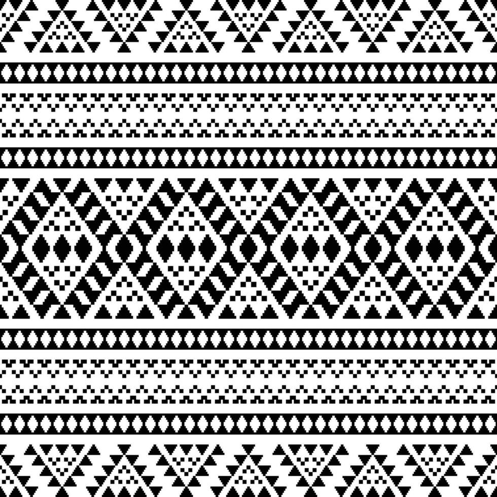 Seamless ethnic pixel pattern with abstract geometric. Native American vector illustration. Navajo and Aztec motifs design for print fabric and clothing. Black and white color.