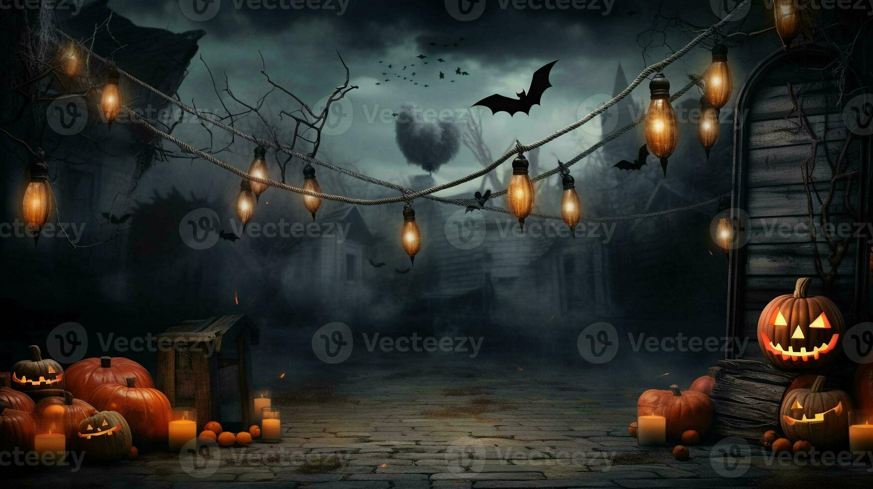 A Decorated Halloween Background Bursting with Spooky Details and a Central Blank Space photo