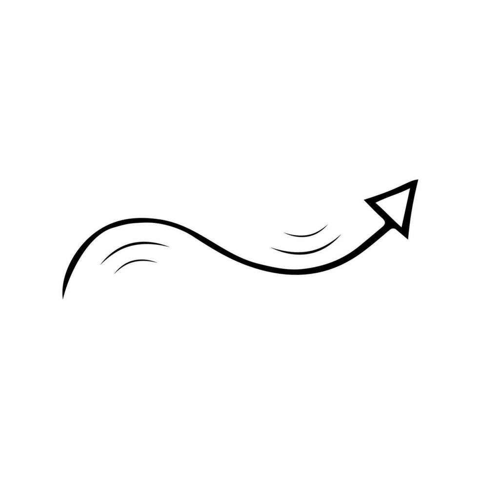 Vector black arrow doodle isolated icon on white background. Curved wave pointer design element.