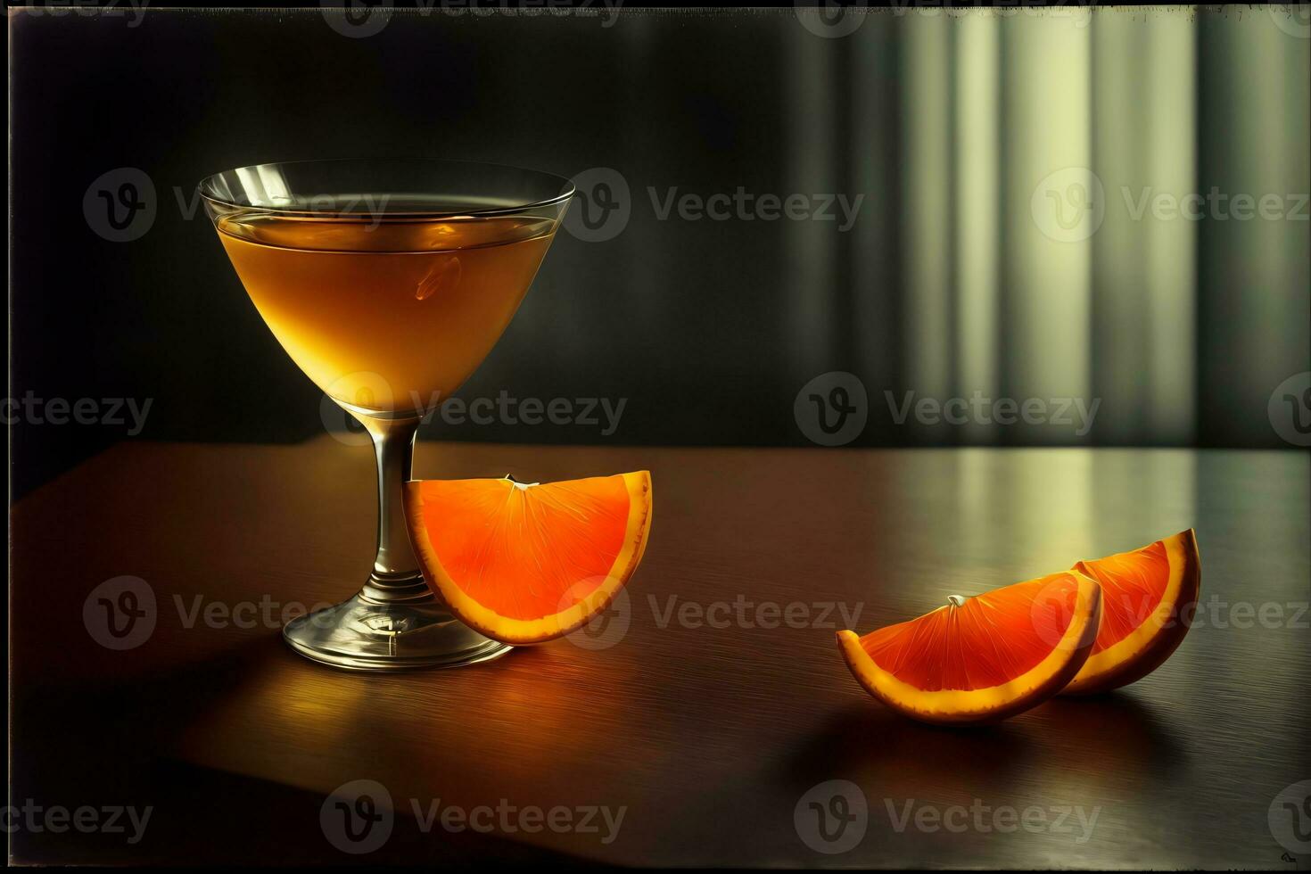 A Glass Of Orange Juice Sitting On Top Of A Wooden Table. AI Generated photo