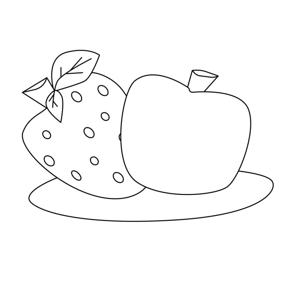 Strawberry and apple coloring page for kids with white background vector