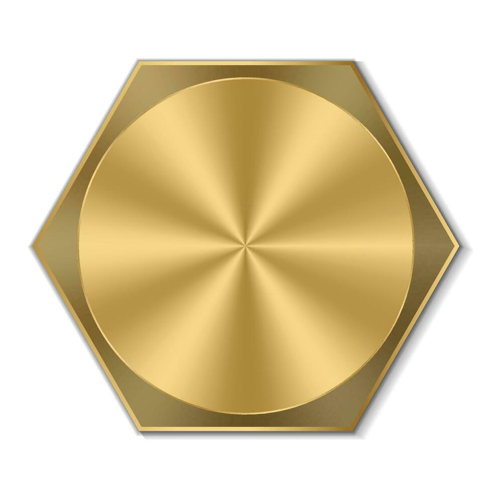 Golden hexagon bolt head. Realistic metal screw. Top view head of bolt. Vector illustration