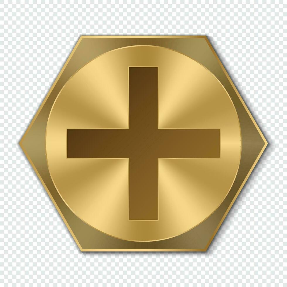 Golden hexagon bolt head. Realistic metal screw. Top view head of bolt. Vector illustration