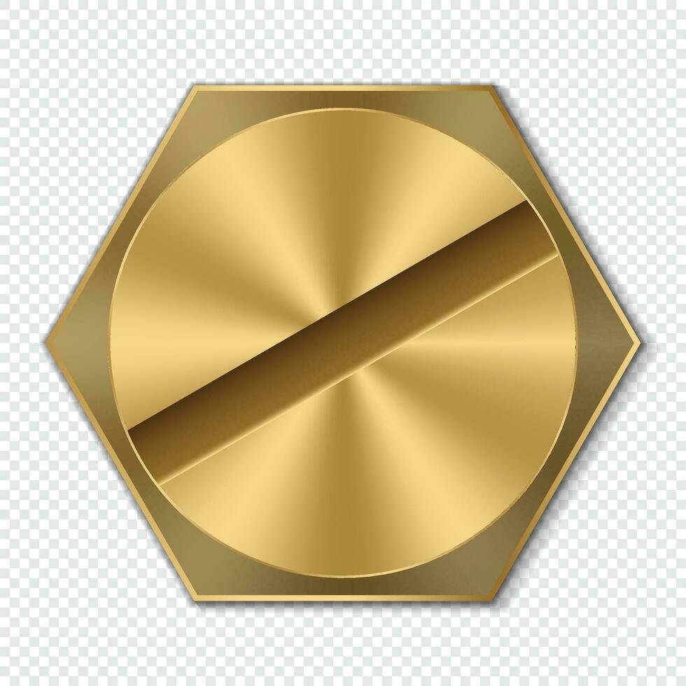Golden hexagon bolt head. Realistic metal screw. Top view head of bolt. Vector illustration
