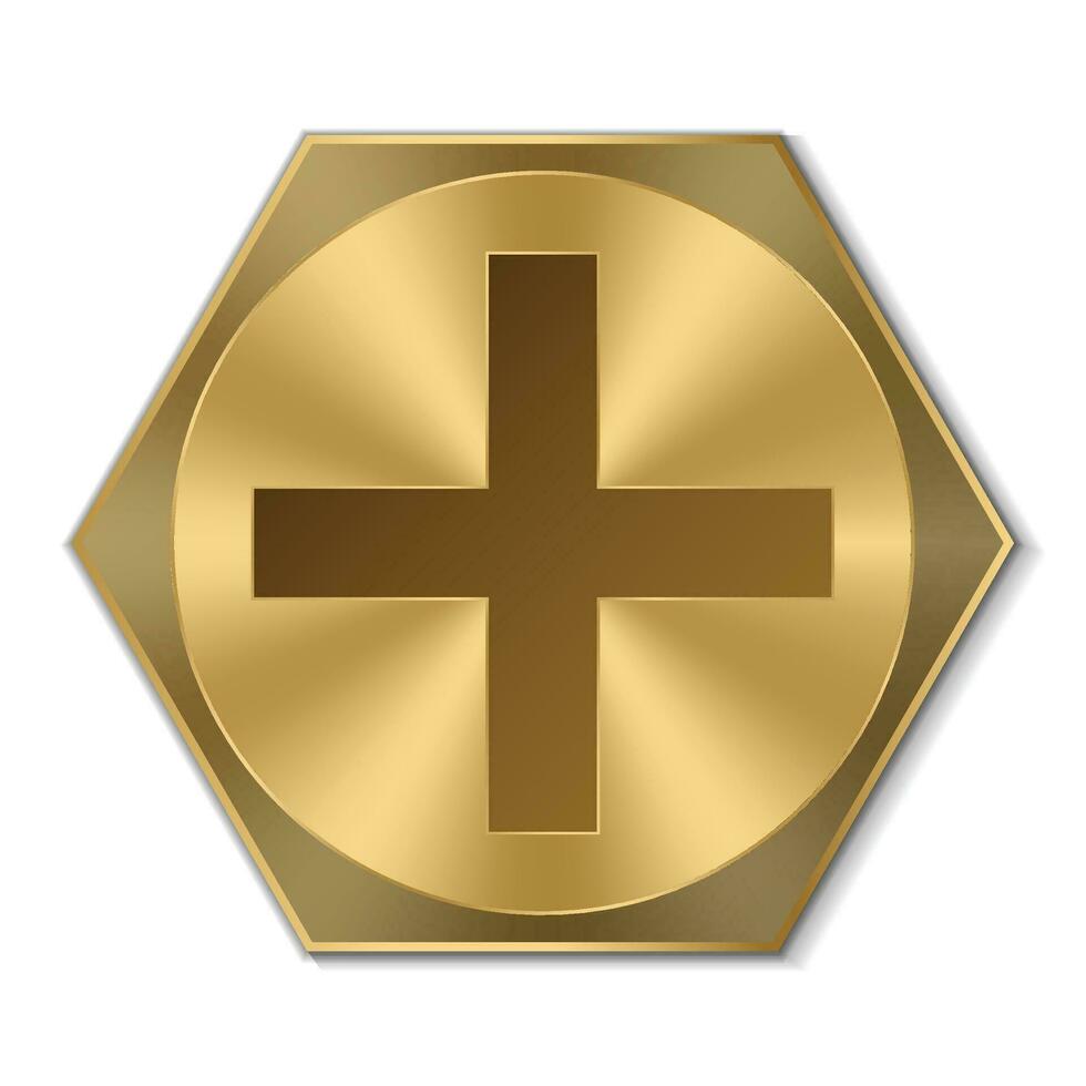 Golden hexagon bolt head. Realistic metal screw. Top view head of bolt. Vector illustration
