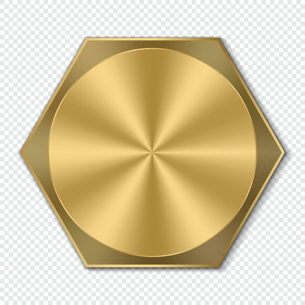Golden hexagon bolt head. Realistic metal screw. Top view head of bolt. Vector illustration