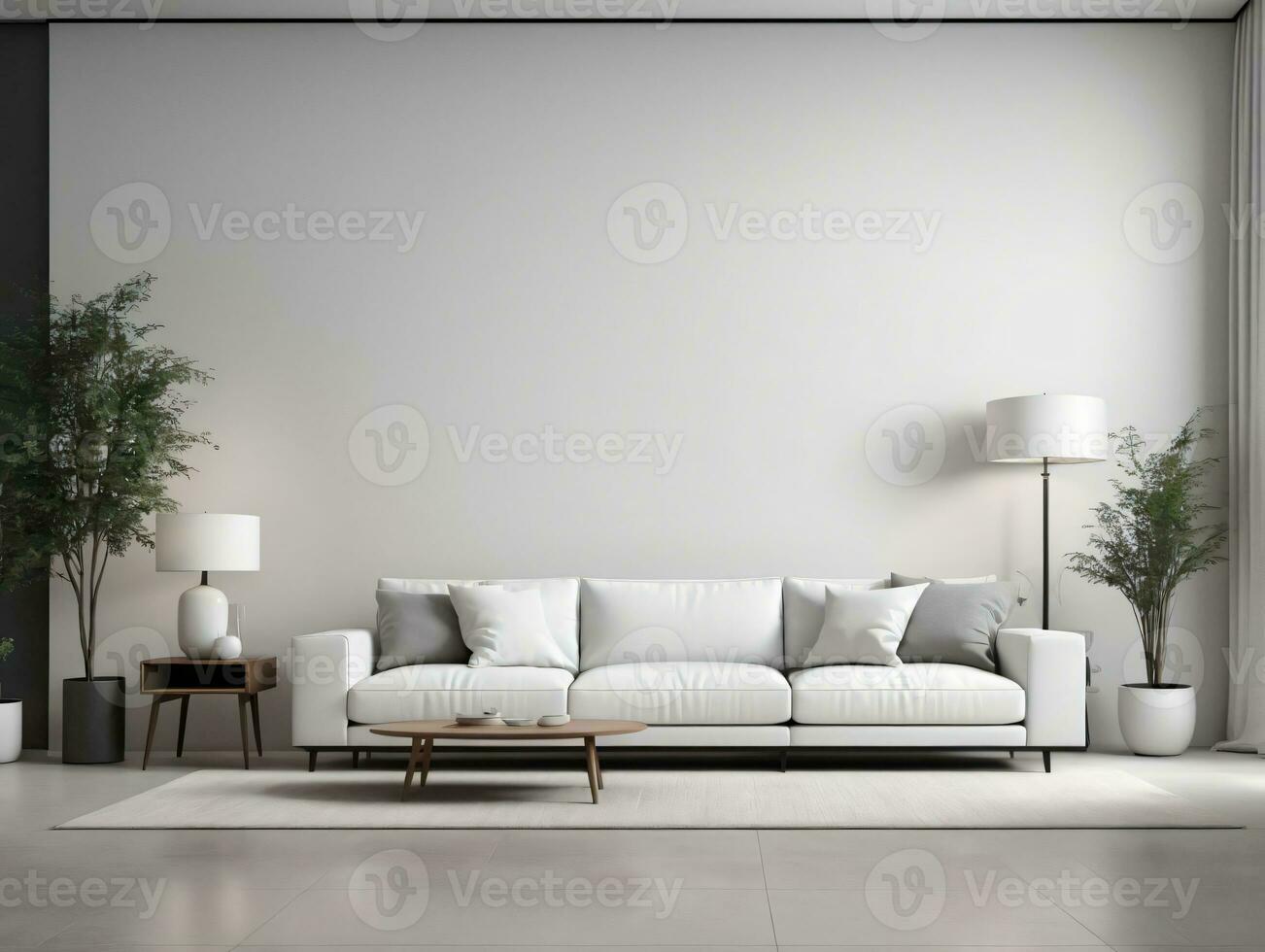 A White Couch Sitting In A Living Room Next To A Lamp. AI Generated photo