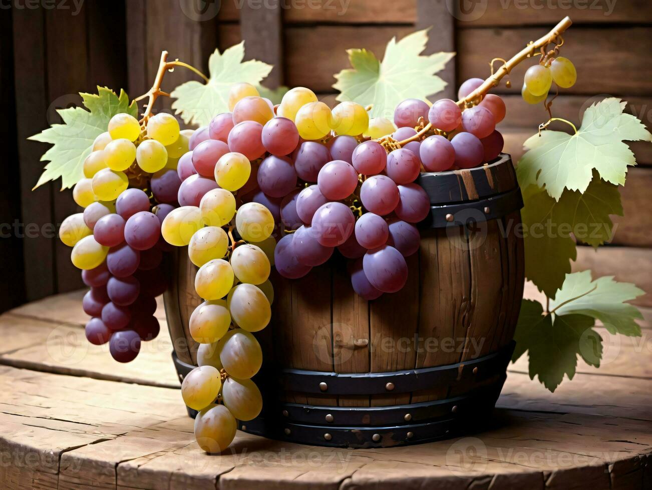 A Bunch Of Grapes Sitting On Top Of A Wooden Barrel. AI Generated photo