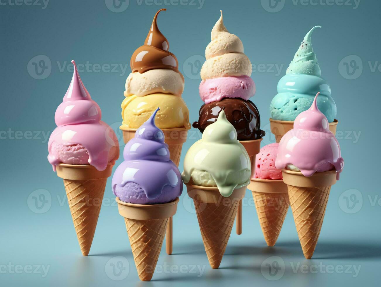 A Group Of Ice Cream Cones With Different Flavors. AI Generated photo