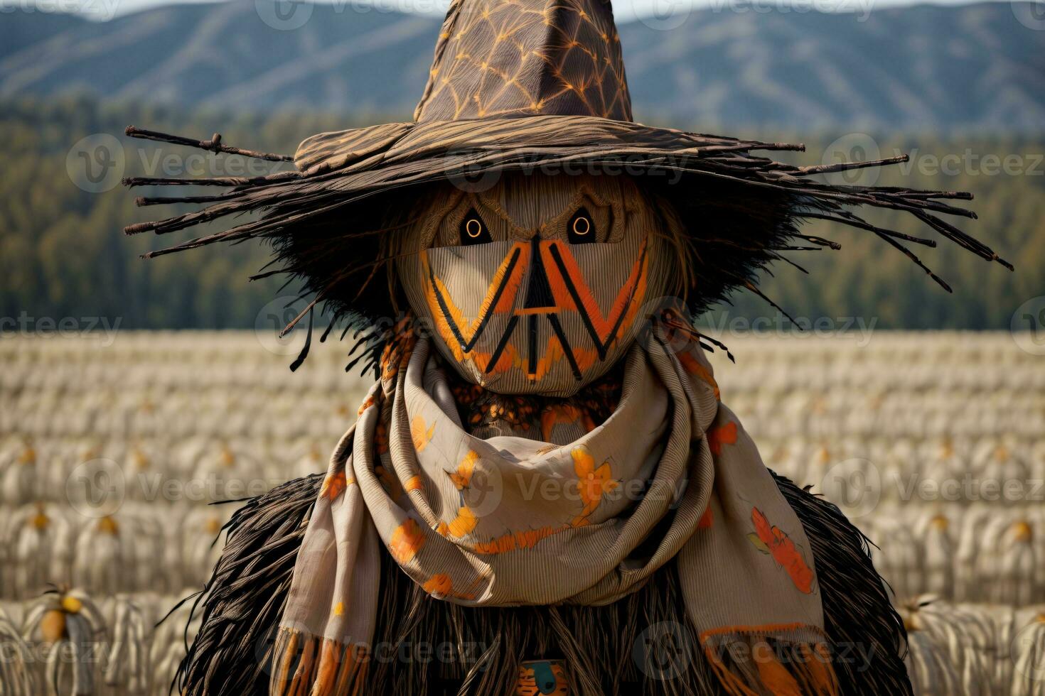 A Scarecrow Wearing A Scarecrow Hat And Scarf. AI Generated photo