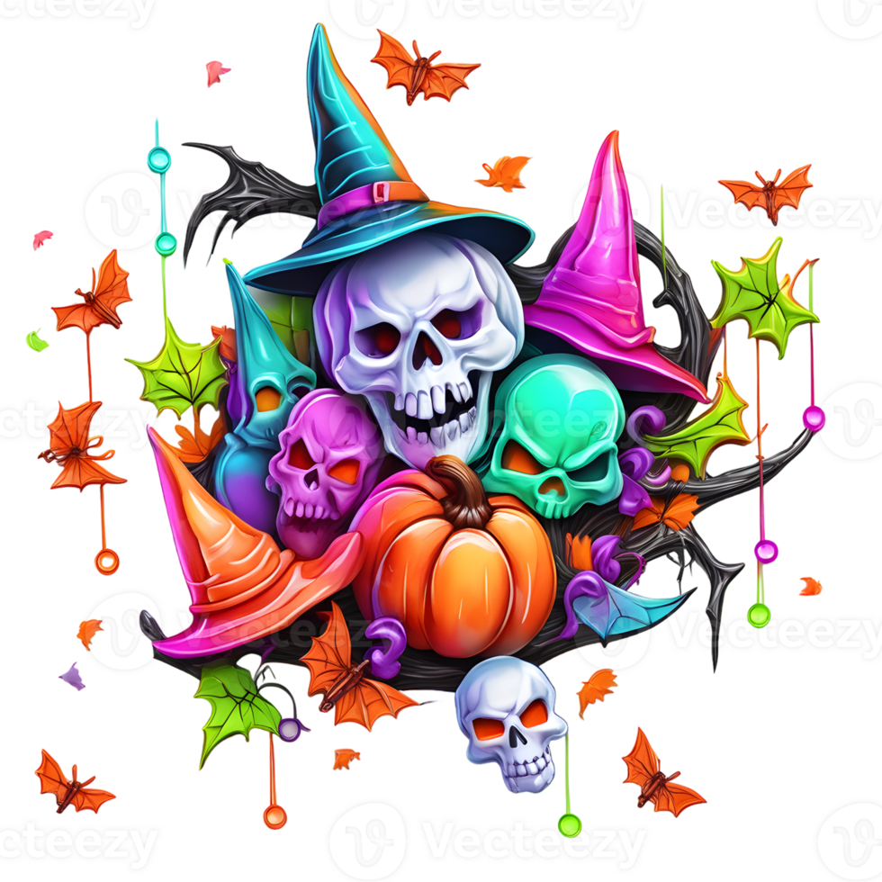 Neon Colors Happy Halloween Design, Halloween Clipart, Generative AI png