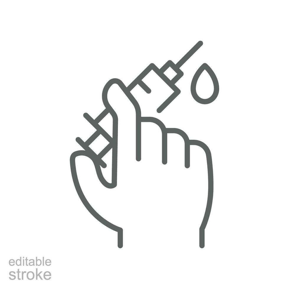Vaccine, hand, syringe, droplet line icon. Insulin injection, Medical Syringe, Needle and Vial. protection against coronavirus. Editable stroke. vector illustration design on white background. EPS 10