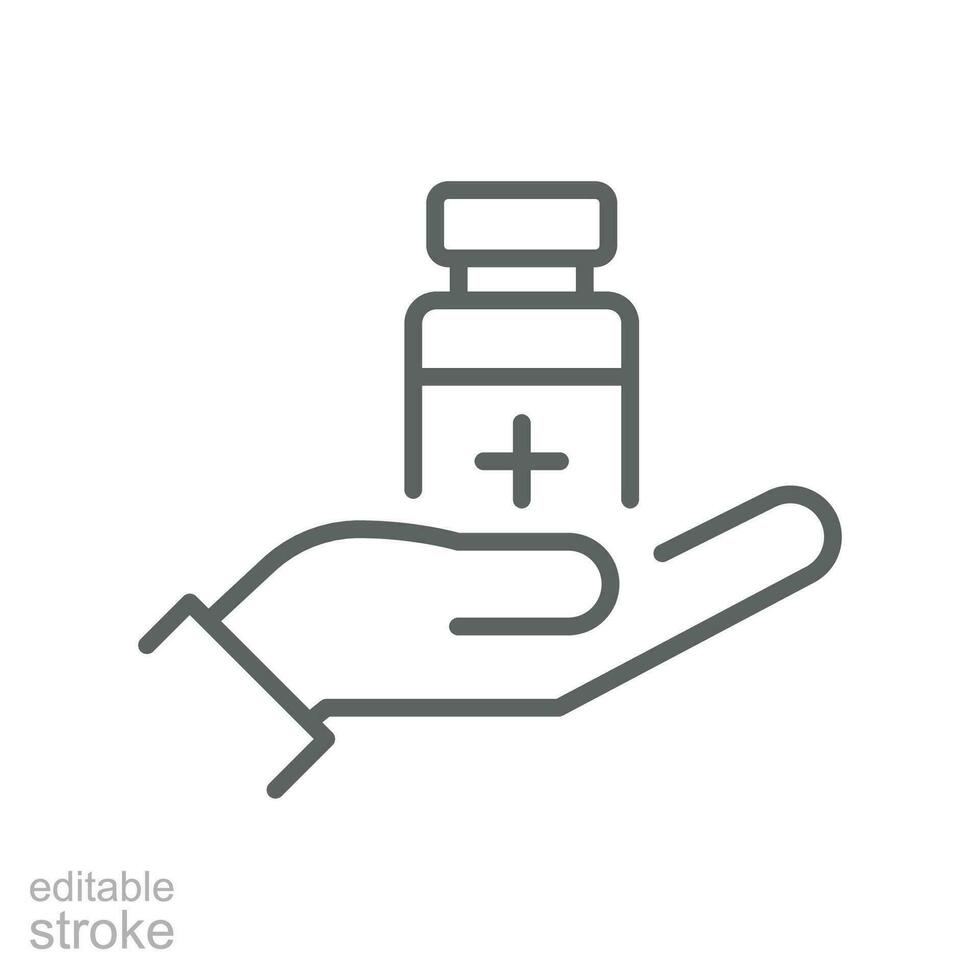 Get vaccine, bottle, hand line icon. health Medical vitamin bottle or immunization and vaccination. Medicine. Vaccine protection Editable stroke vector illustration design on white background EPS 10