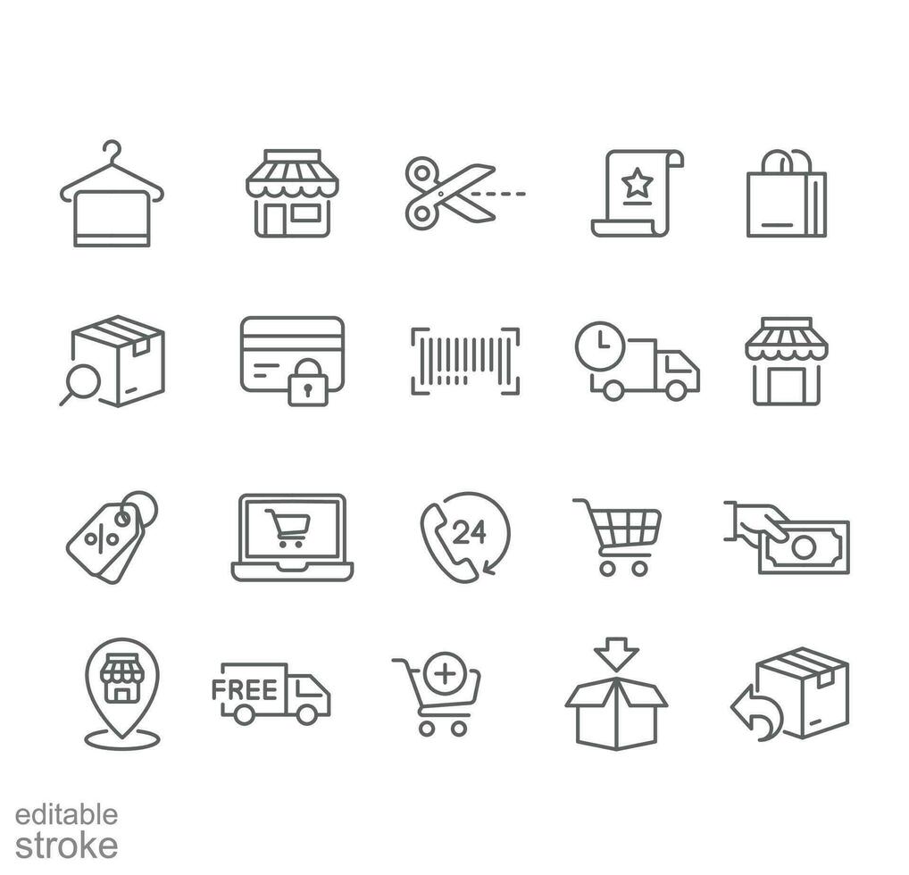 comercio electrónico icono colocar. en línea compras, bolsa, añadir carro carretilla, rápido Envío camión logístico percha toalla editable carrera línea icono contorno estilo vector ilustración diseño en blanco antecedentes eps 10