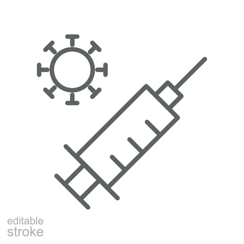 Vaccine coronavirus treatment vaccination line icon. Syringe healing earth For Covid-19, against Pandemic from earth. Editable stroke vector illustration design on white background EPS 10