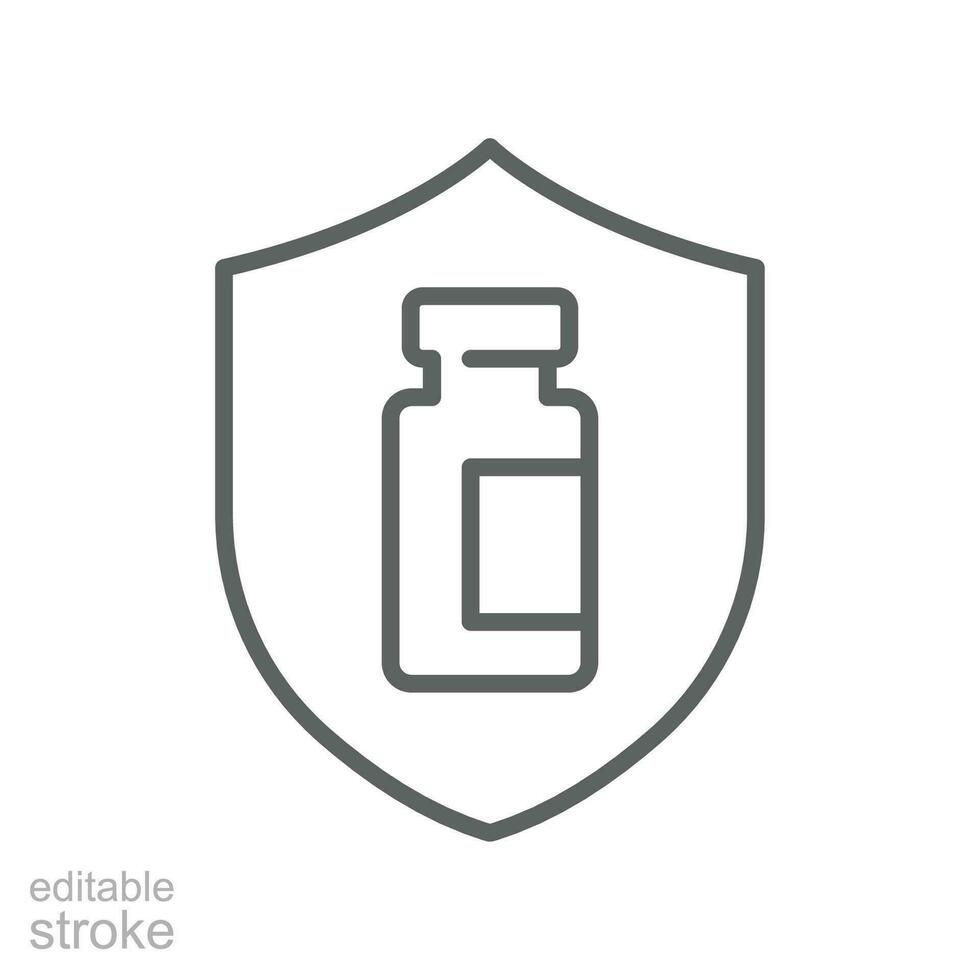 Vaccine protection, save shield, bottle line icon. Vaccination program, immunization medical health. bottle of vaccine on shield. Editable stroke vector illustration design on white background EPS 10