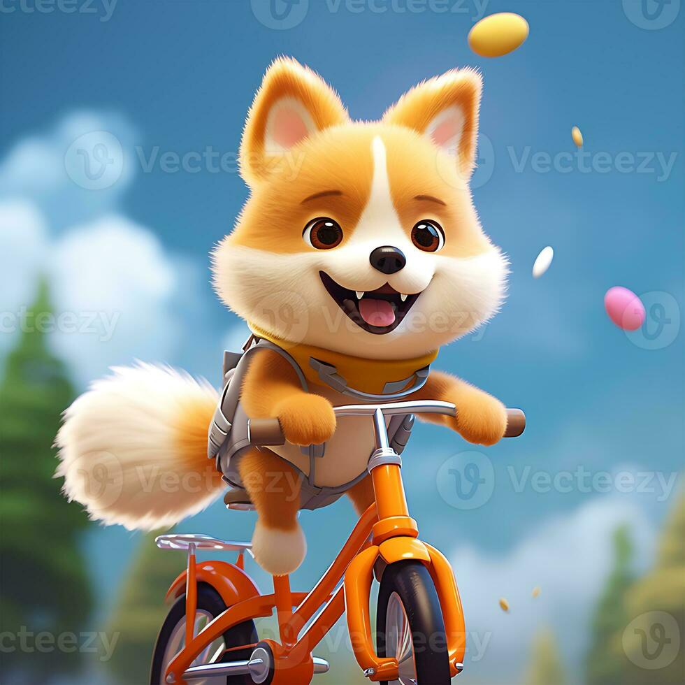 Cute and animated Dog riding a bike and a little smiling face Beautiful Background photo