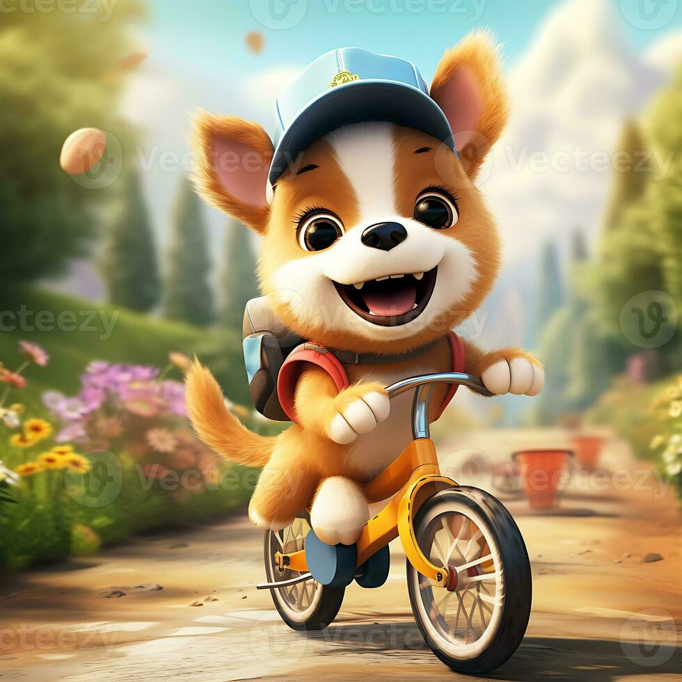 Cute and animated Dog riding a bike and a little smiling face Beautiful Background photo