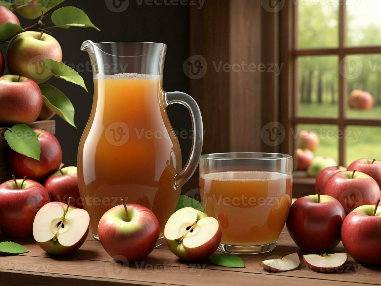 A Pitcher Of Apple Cider Next To A Glass Of Apple Cider. AI Generated photo