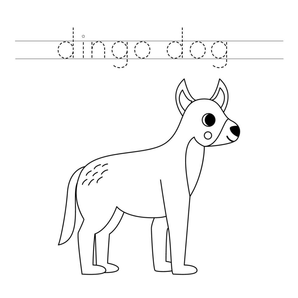 Trace the letters and color cartoon dingo dog. Handwriting practice for kids. vector