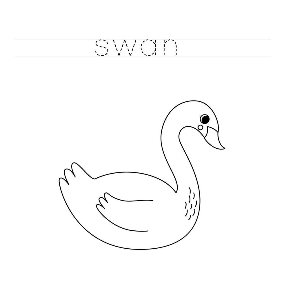 Trace the letters and color cartoon swan. Handwriting practice for kids. vector