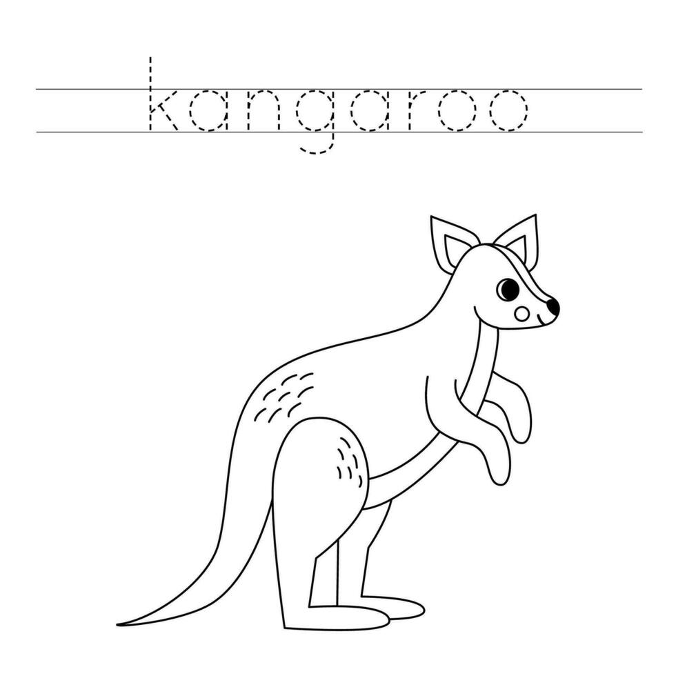 Trace the letters and color cartoon kangaroo. Handwriting practice for kids. vector