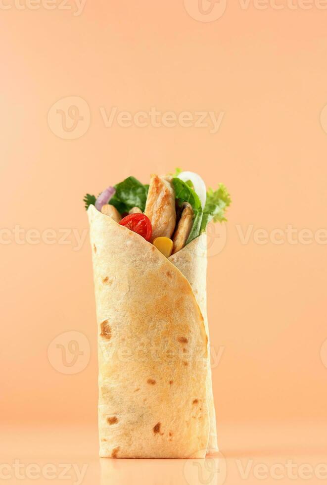 Chicken Tortilla Wrap with Tomato, Corn, and Various Fresh Vegetable photo