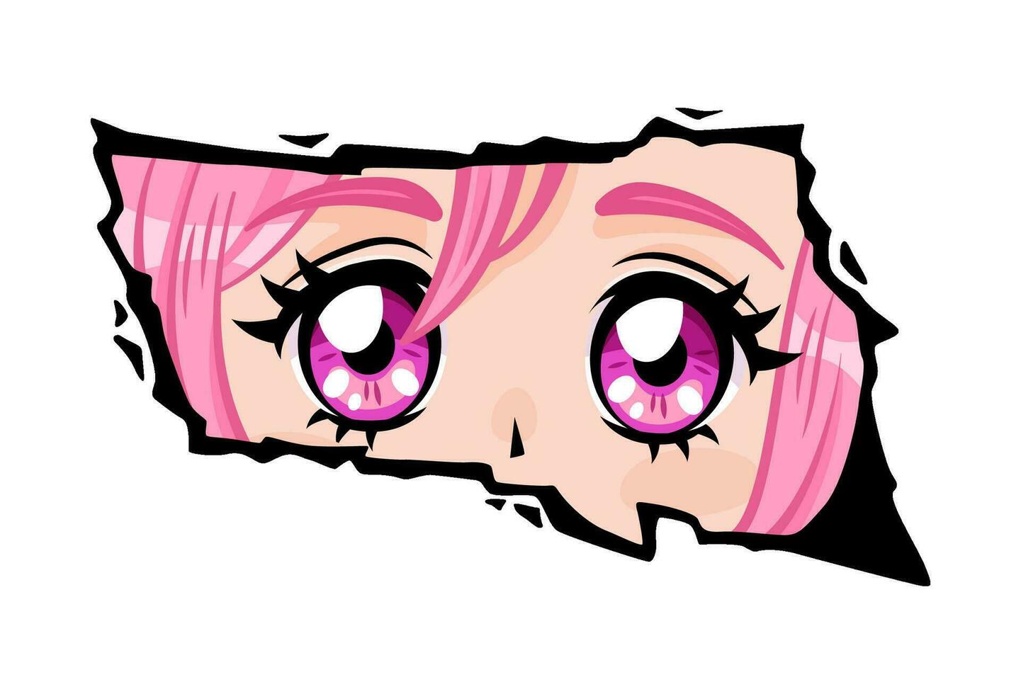 anime niña con rosado pelo mirando desde un papel lágrima. vector