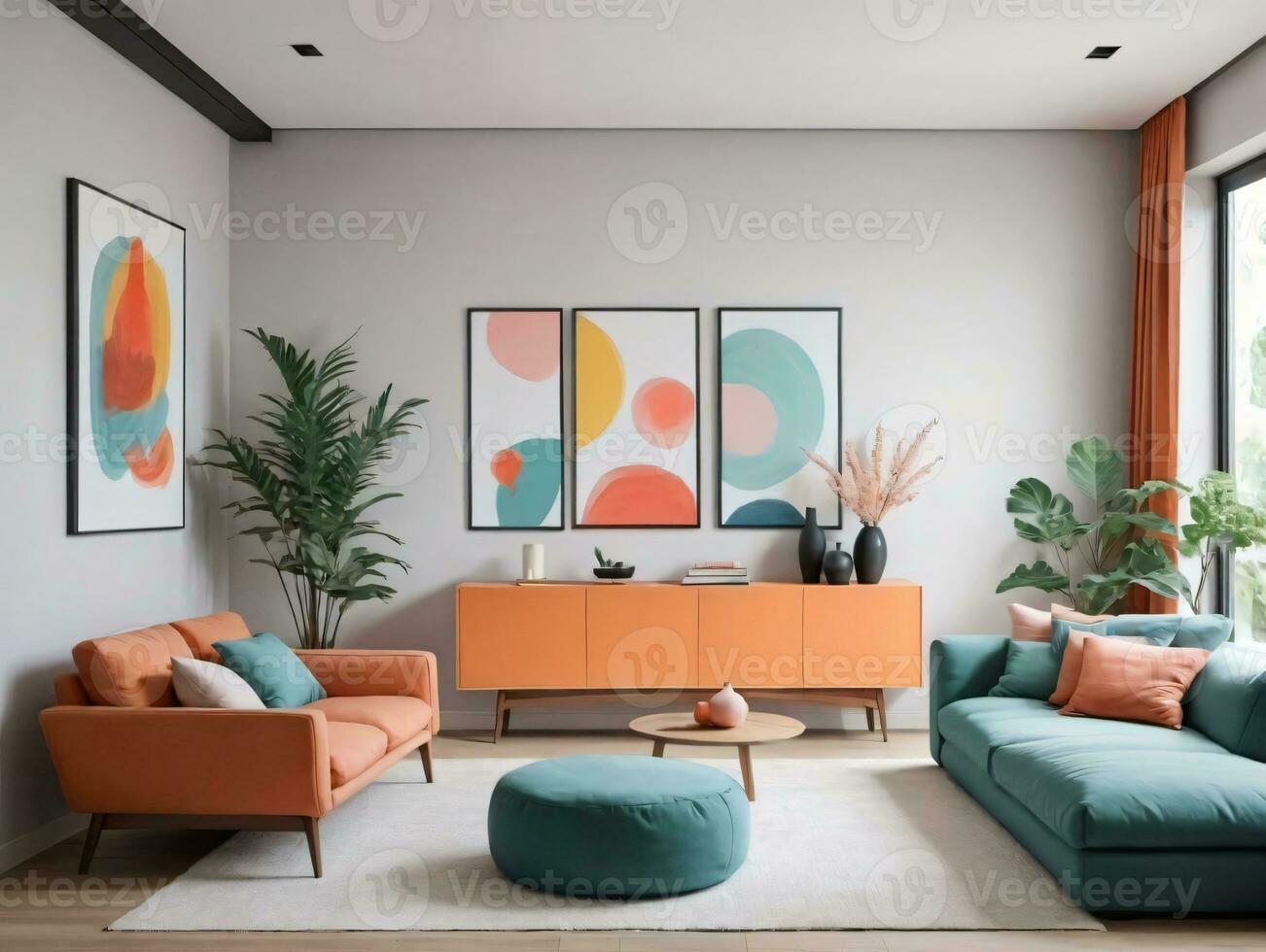 A Living Room Filled With Furniture And A Large Window. AI Generated photo