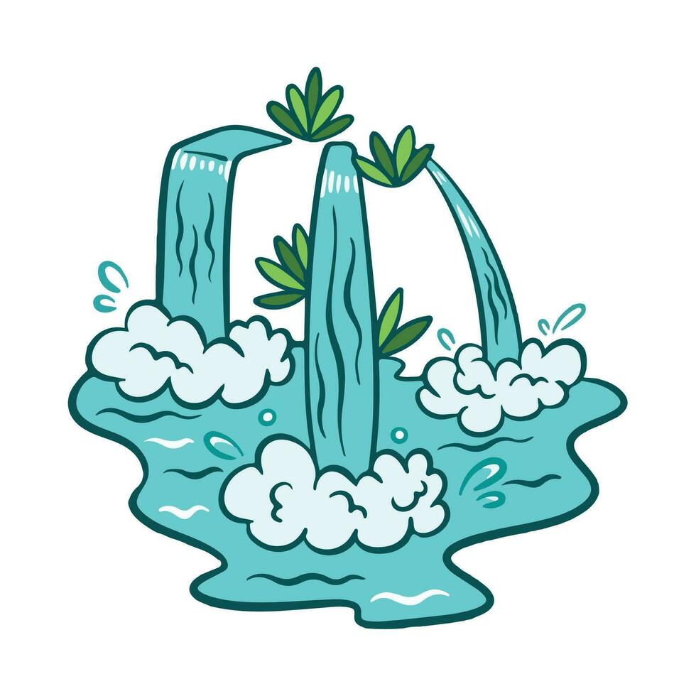 Three sourced natural flowing water with one rock and a few plant decorations colored waterfall stream vector icon illustration outlined isolated on square white background. Simple flat cartoon styled