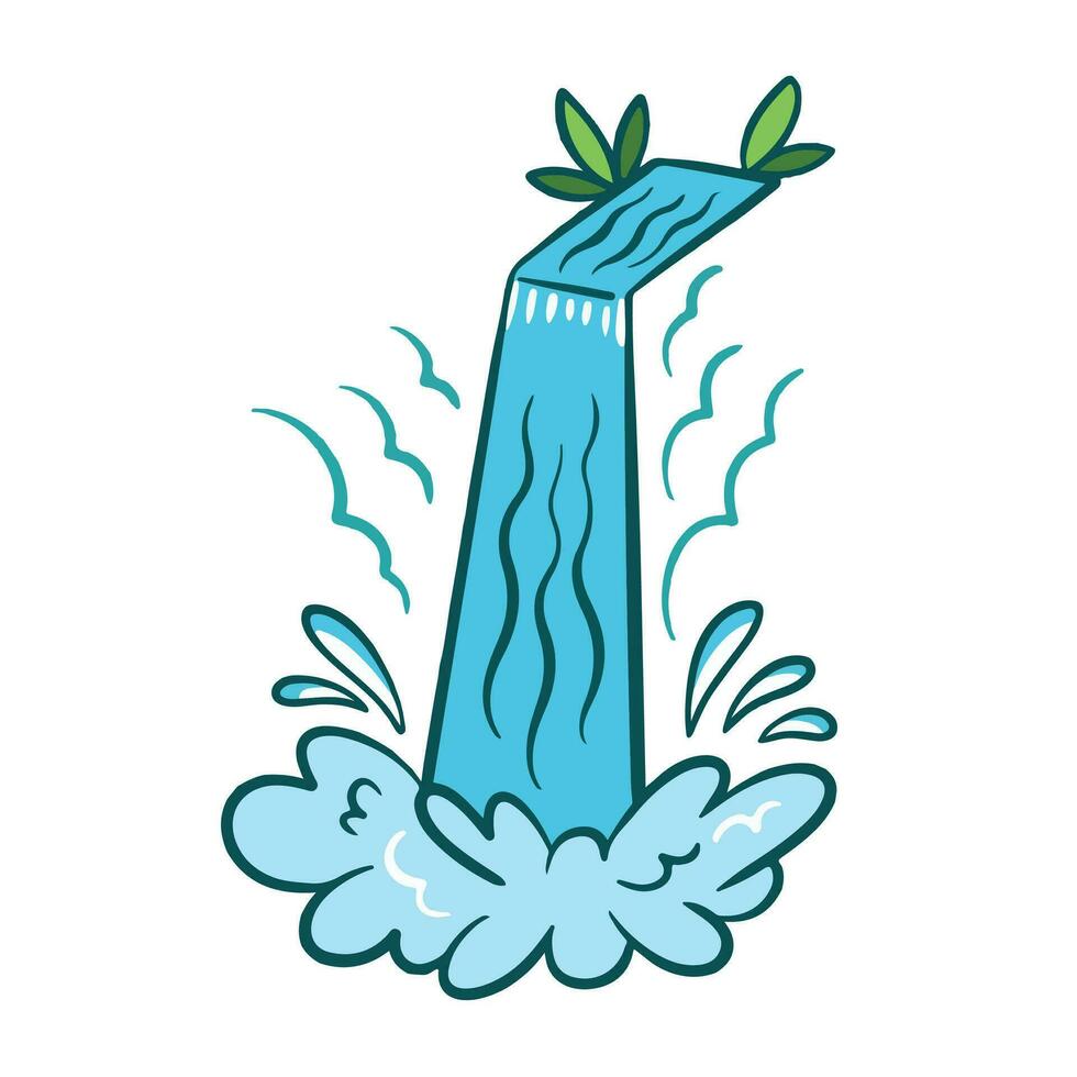 Natural flowing water with plant decorations colored waterfall vector icon illustration outlined isolated on square white background. Simple flat cartoon comic art styled natural scenery drawing.