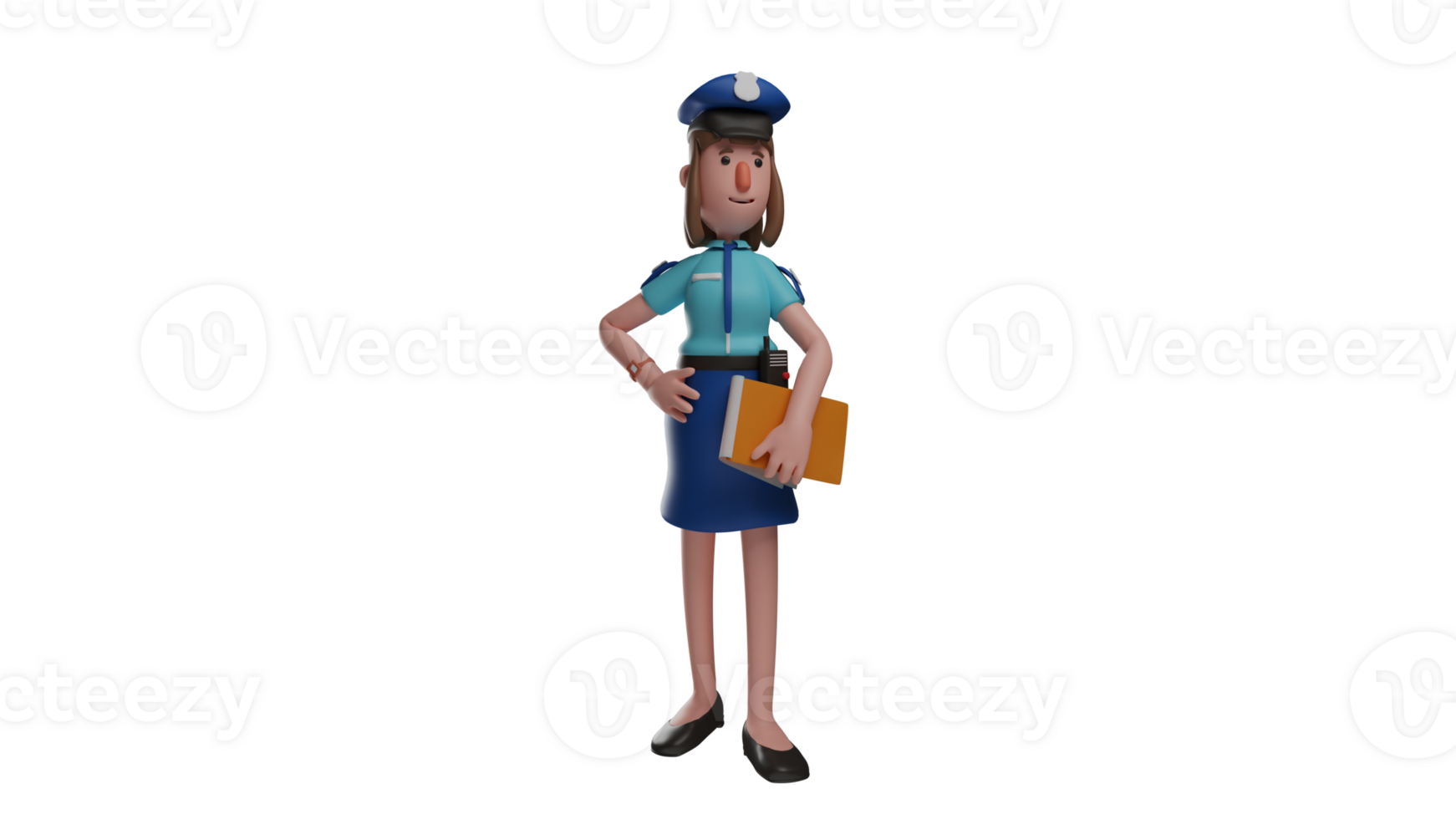 3D Illustration. Police woman 3D cartoon character. Police woman carry a yellow notebook. Beautiful police wear complete uniforms and wear watches. 3D cartoon character png