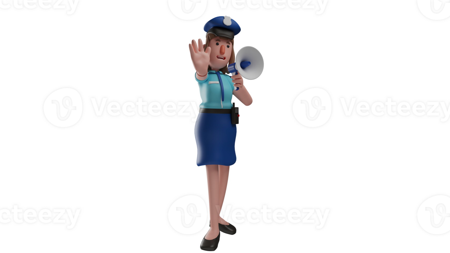 3D illustration. Charming Policewoman 3D Cartoon Character. A police woman officer speaks using a speaker. The sweet cop points one hand forward. 3D cartoon character png