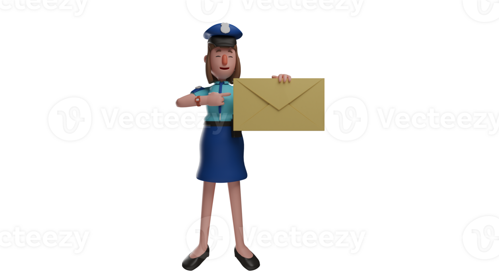 3D Illustration. Smart Police Woman 3D cartoon character. Police woman stood up while pointed on the envelope she was carrying. Police woman brought her investigation result. 3D cartoon character png