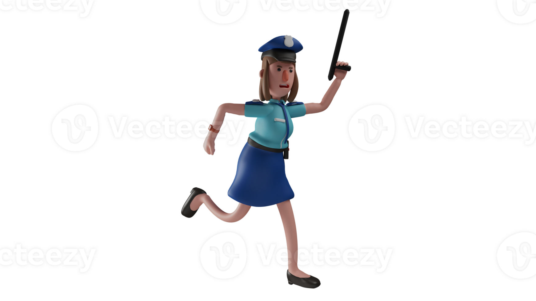 3D Illustration. Angry Policewoman 3D cartoon character. Policewoman ran after the escape. The beautiful policewoman showed an angry expression. 3D cartoon character png