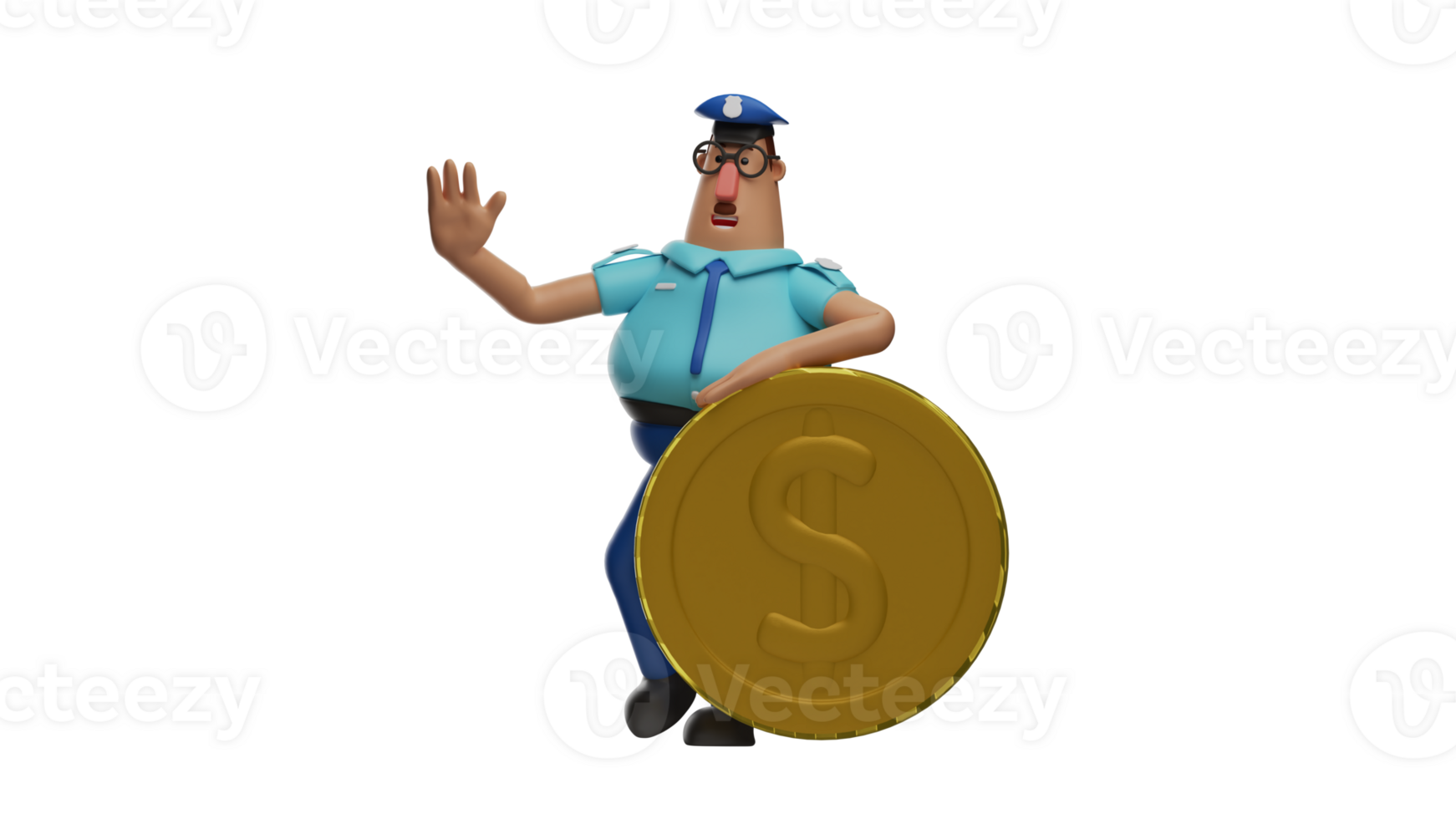 3D illustration. Police 3D cartoon character. The policeman stood up and leaned on a giant gold coin. The police smiled sweetly. The police look neat and attractive. 3D cartoon character png