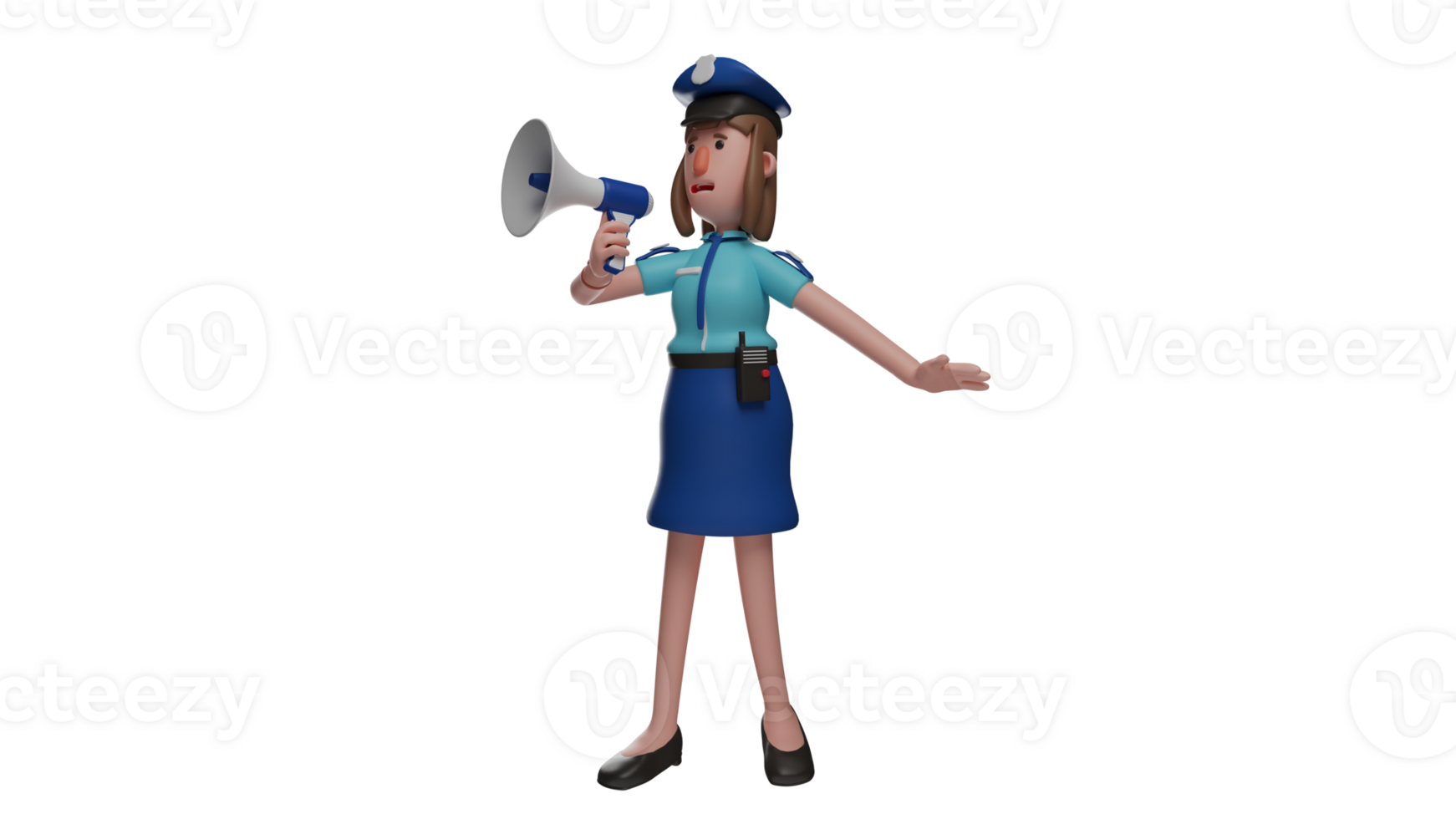 3D illustration. Dexterous Policewoman 3D Cartoon Character. A policewoman is making an announcement using a megaphone. The policewoman officer who showed a panicked expression. 3D cartoon character png