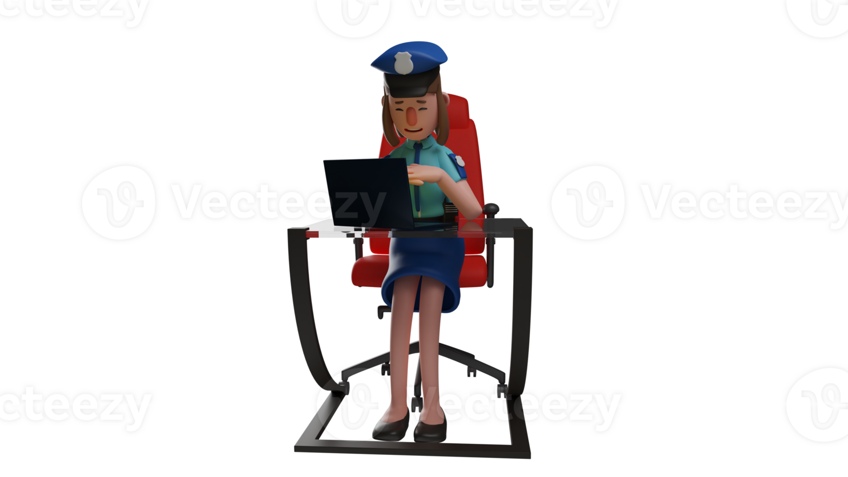 3D illustration. Police Woman Officer 3D Cartoon Character. Beautiful police is doing her job at the work desk. Smart policewoman in front of laptop and looking serious. 3D cartoon character png