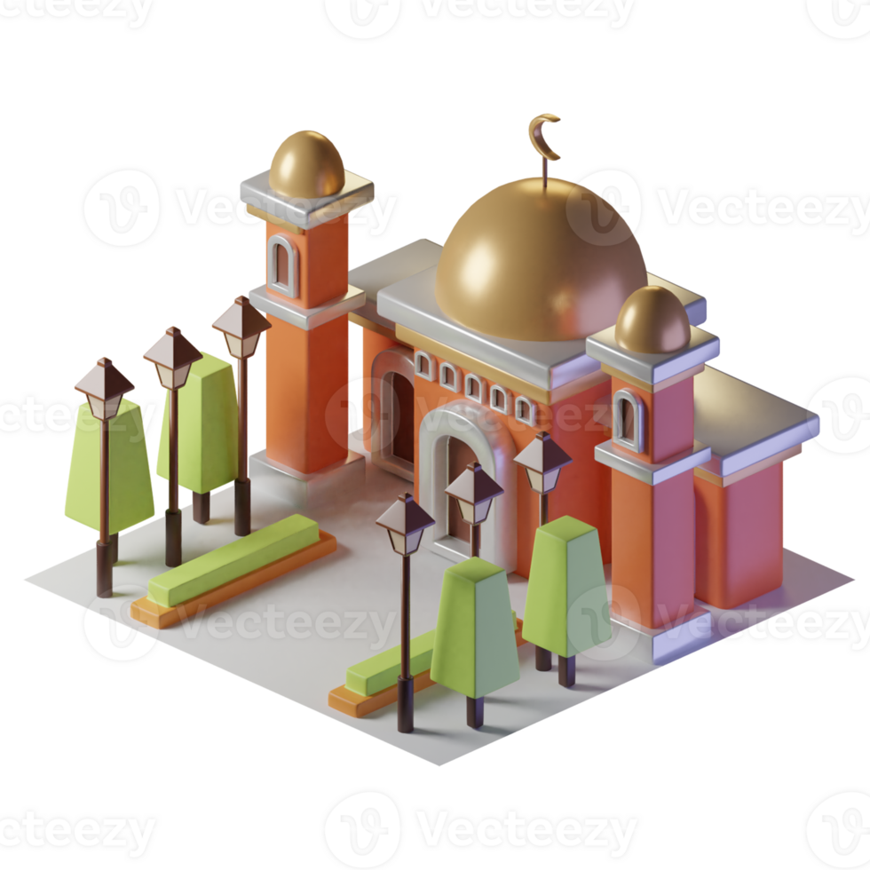 Mosque isometric building with trees and street lights png