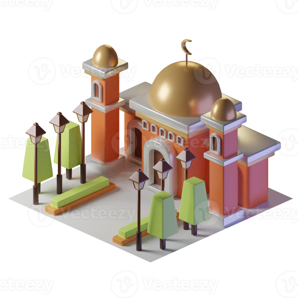 mezquita isométrica edificio con arboles y calle luces png