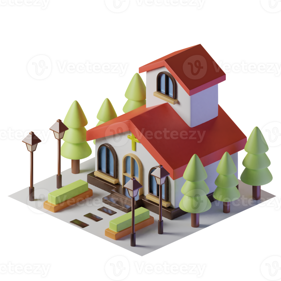 Cathedral isometric building with trees and street lights png