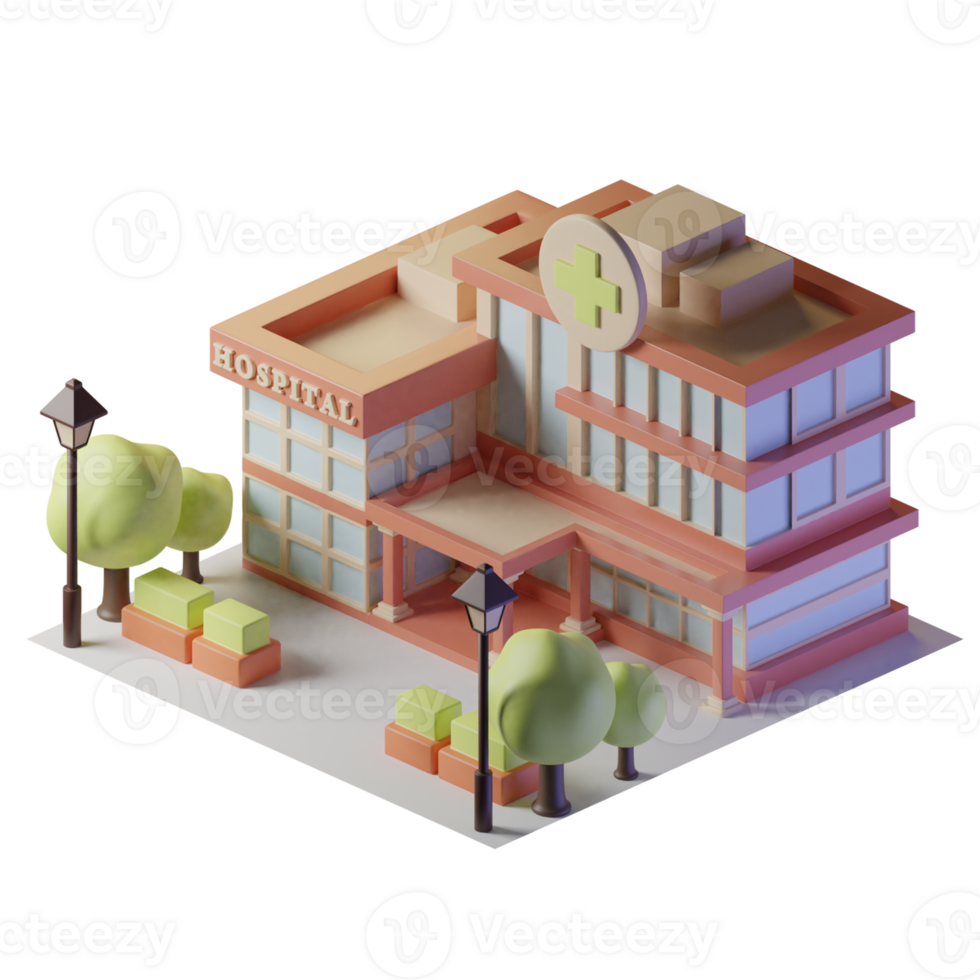 Hospital isometric building with trees and street lights png