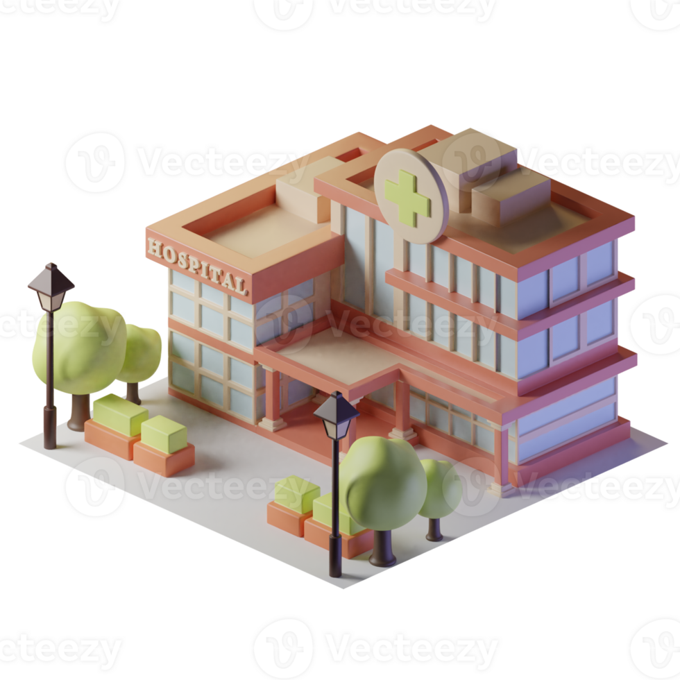 sjukhus isometrisk byggnad med träd och gata lampor png